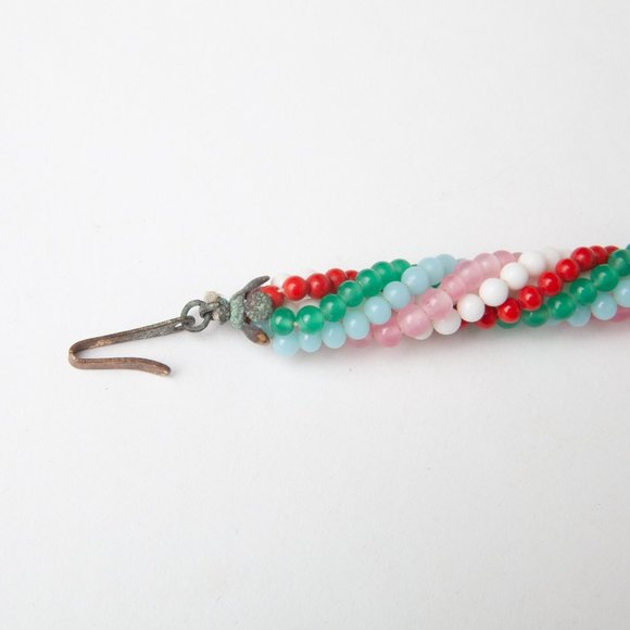 Vintage Beaded Choker Necklace Red Green Light Blue Pink White Glass Beads - Picture 5 of 12